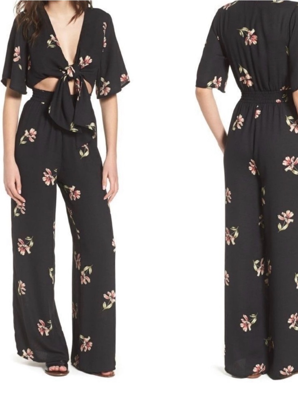 Socialite Black Floral Tie-Front Wide-Leg Jumpsuit